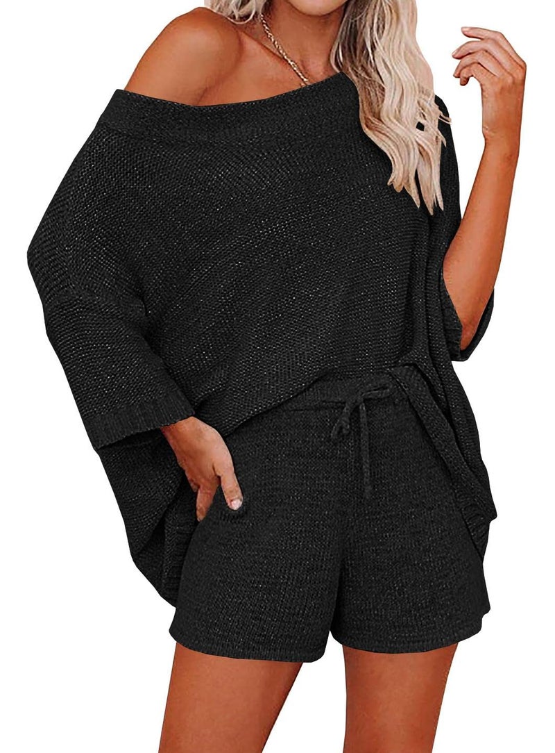 Ermonn Womens 2 Piece Outfits Sweater Sets Off Shoulder Knit Tops Waist Short Suits Casual Pajama Set Romper Jumpsuits Black - Image 1
